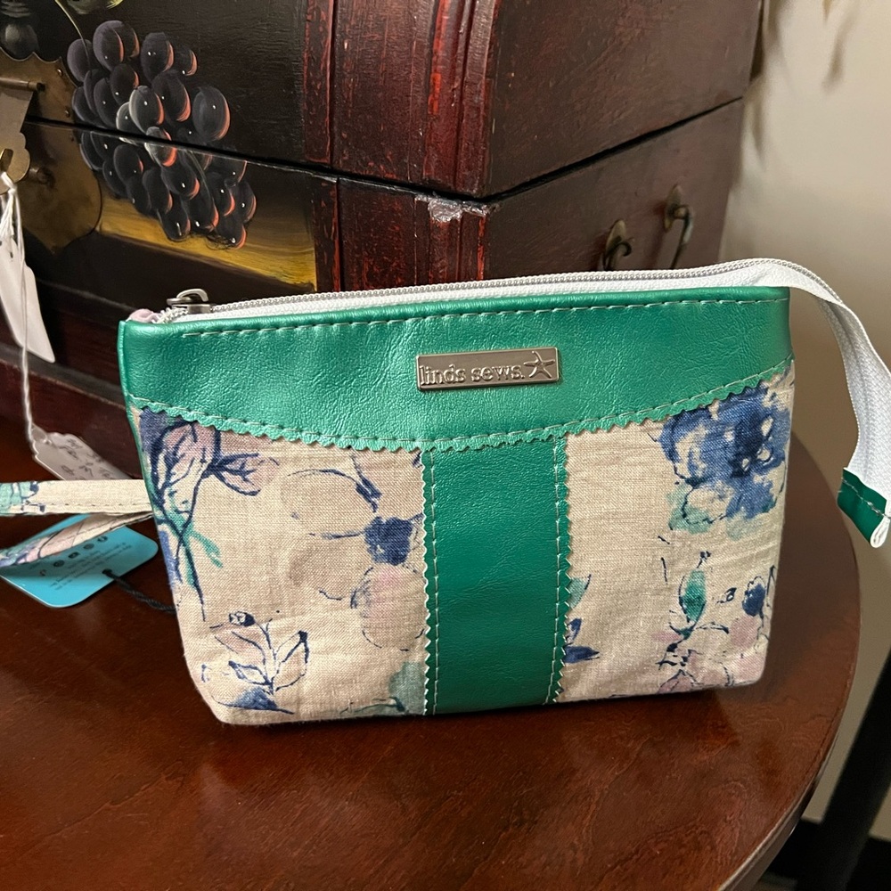 Green and Floral Faux Leather and Japanese Linen Women's wristlet
